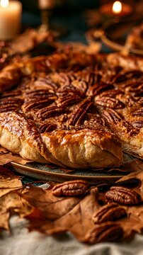 a freshly baked pecan pie on a rustic wooden table. The pie has a goldenbrown crust and is topped with a generous layer of caramelized pecans.