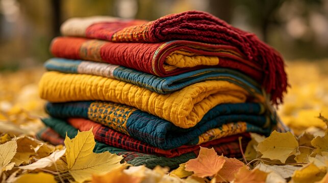 a stack of colorful, textured fabrics, likely quilts or scarves, on a bed of fallen autumn leaves. The fabrics are vibrant red, yellow, blue, and green, with intricate patterns and textures.