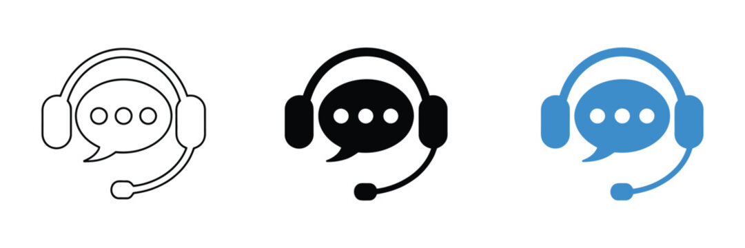 Customer service icon featuring support agents, headsets, speech bubbles, and call center symbols for communication and help desk applications.