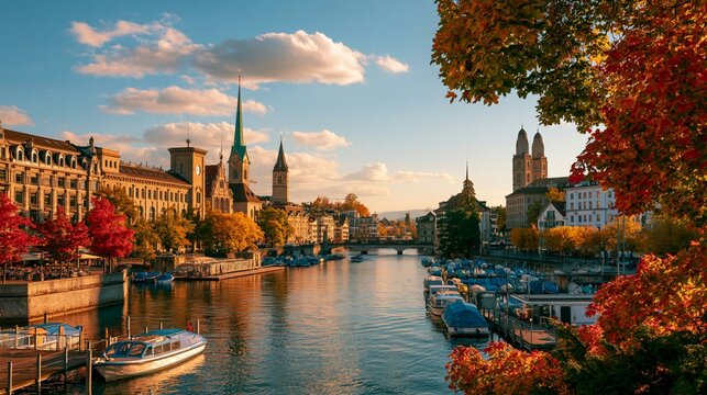 a European cityscape during autumn. The main subject is a picturesque river with boats moored along its banks. The river reflects the warm colors of autumn foliage, including red, orange.