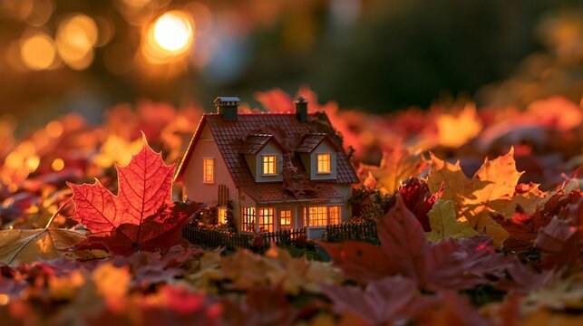 a miniature house nestled among autumn leaves. The house has a red roof, white walls, and a chimney. It is illuminated from within, casting a warm glow on the surrounding foliage.