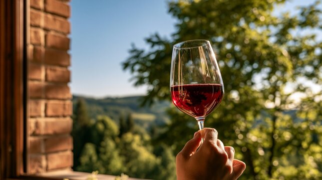 a hand holding a wine glass filled with deep red wine, poised to take a sip. The glass rests on a window sill, overlooking a lush green landscape with rolling hills and trees. The sky is a clear blue.