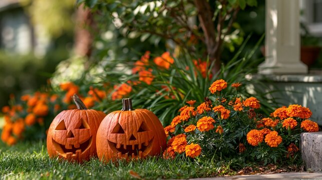 a vivid outdoor scene features two carved pumpkins with jackolantern faces. The pumpkins are placed on a patch of green grass, surrounded by bright orange marigold flowers. The background is blurred.