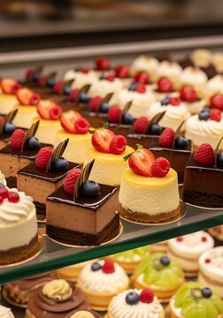 Assorted Colorful Dessert Cakes and Pastries in a Bakery Display Case