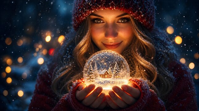 Eine junge Frau h&auml;lt eine weihnachtliche Schneekugel mit einem festlichen Haus und verschneiten B&auml;umen im Inneren 