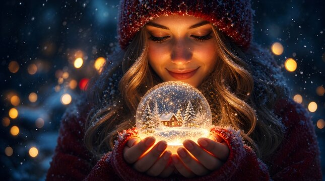 Eine junge Frau h&auml;lt eine weihnachtliche Schneekugel mit einem festlichen Haus und verschneiten B&auml;umen im Inneren 