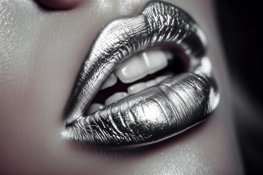 womens lips in close-up painted with bright silver thick lipstick
