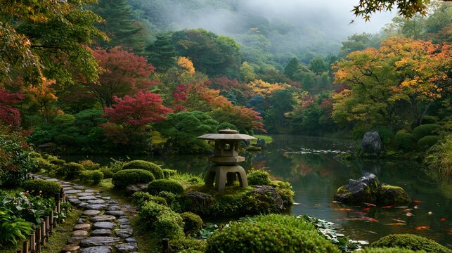 a serene Japanese garden during autumn. The main subject is a tranquil pond surrounded by lush greenery, including trees displaying vibrant red, orange, and yellow leaves.