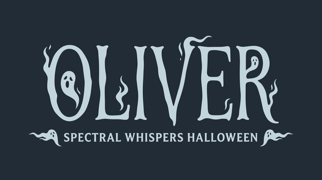 Custom text design showing spectral whispers and ghost motifs for Halloween on a dark blue background.