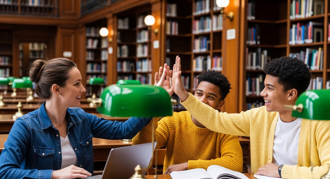 Three young people giving high fives in a library, symbolizing success and collaboration in education or research, with a background of bookshelves