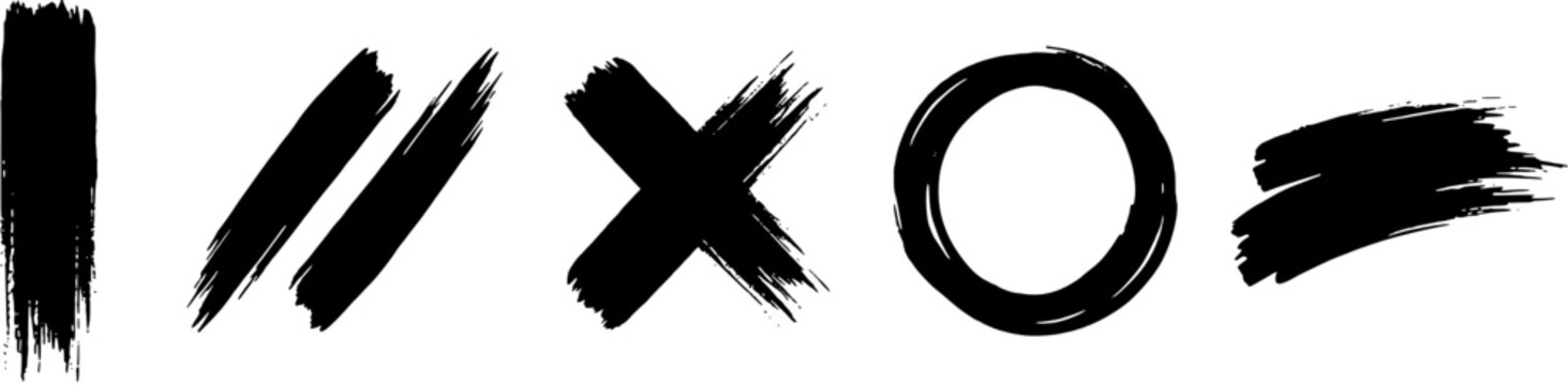 Set of abstract grunge brush stroke icons including vertical line, parallel slashes, cross sign, circle ring and horizontal stroke in black ink style on white background.