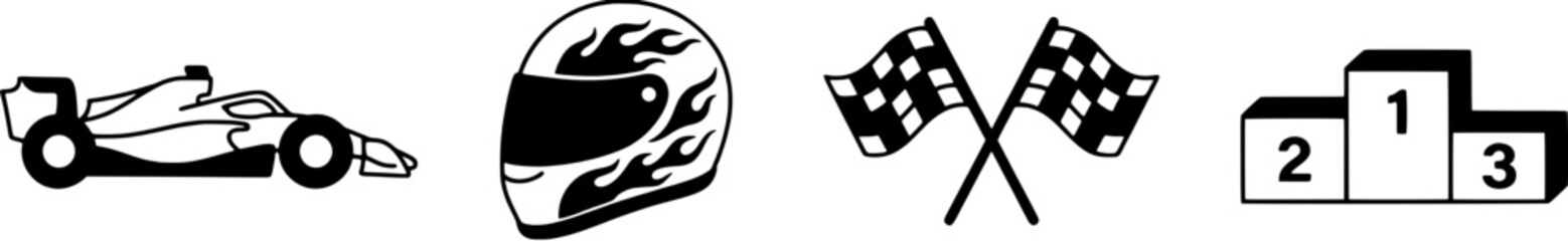Obraz premium Racing icon set in a simple black silhouette style including race car, helmet, checkered flags and podium.