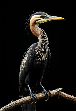 macro full body photo of a majestic crested heron bird perched on a branch isolated on black background, fine art nature concept.