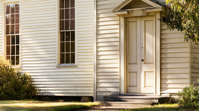 A close look at a cream-colored wooden church entrance shows weathered siding, traditional architecture, a welcoming doorway, a rural chapel, a heritage building, illuminated by soft daylight, with