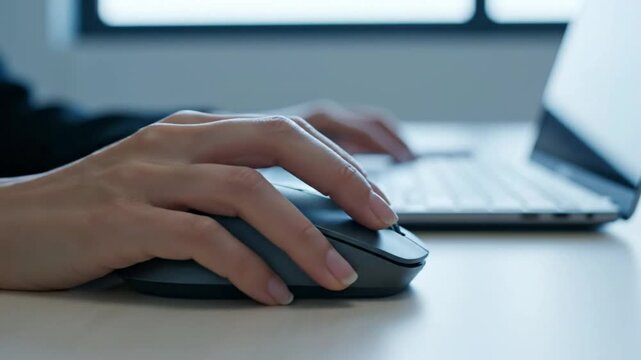 Close up view of hand manipulating computer mouse with laptop on the table at work in daylight
