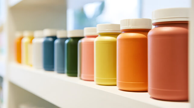 A row of colorful plastic supplement bottles with white lids lined up neatly on a white shelf in a bright modern wellness store setting