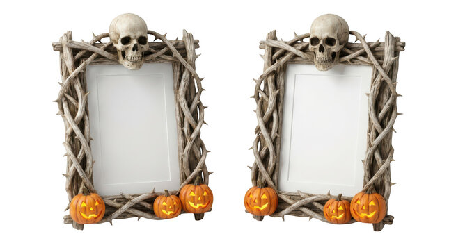 Two spooky halloween picture frames decorated with skulls, thorny branches, and glowing jackolanterns isolated on transparent background