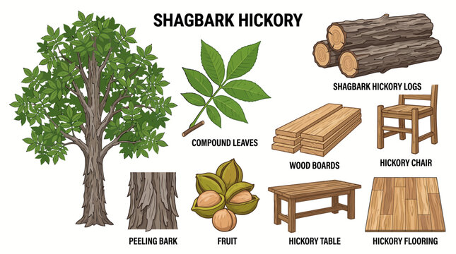 Very beautiful realistic vector set of Shagbark Hickory Tree, peeling bark, compound leaves, hickory nuts, timber logs, wood boards, table, chair and flooring. Label: "SHAGBARK HICKORY" no gradient, w