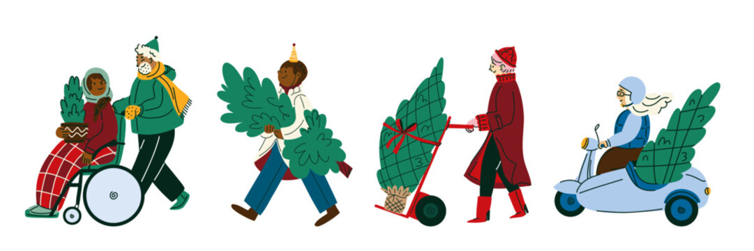 Inclusive Christmas winter lifestyle illustration with people carrying and transporting fir trees by wheelchair, hand truck and mobility scooter, festive outdoor activities, accessibility and holiday 