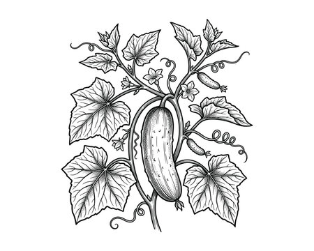 Botanical ink illustration of cucumber plant with leaves and flowers