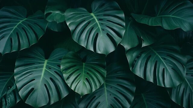 Lush green monstera leaves in a repeating pattern with black space for text overlay