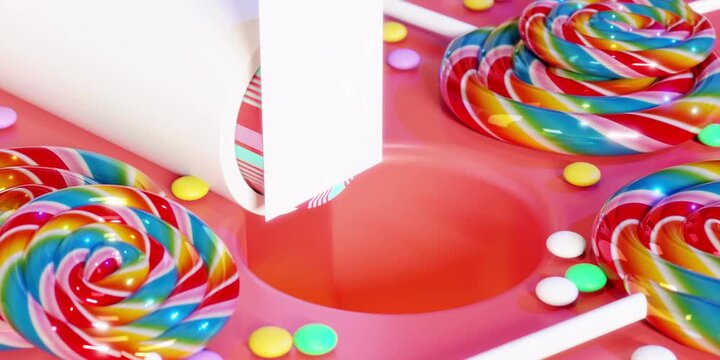 Vibrant multicolored swirl lollipops arranged neatly around a round opening inside a pink culinary container for preparing delicious treats and sweets for children during birthday party