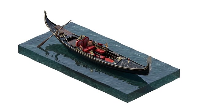 A detailed Venetian gondola with red cushions floating on a small block of water isolated on white