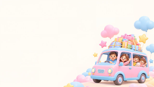 Cute playful family and children toy delivery van truck with colorful parcels and balloons for fun activities