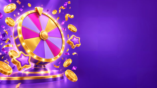 Spin the lucky fortune prize wheel in a fun game with golden coins and jackpot stars on a vibrant background