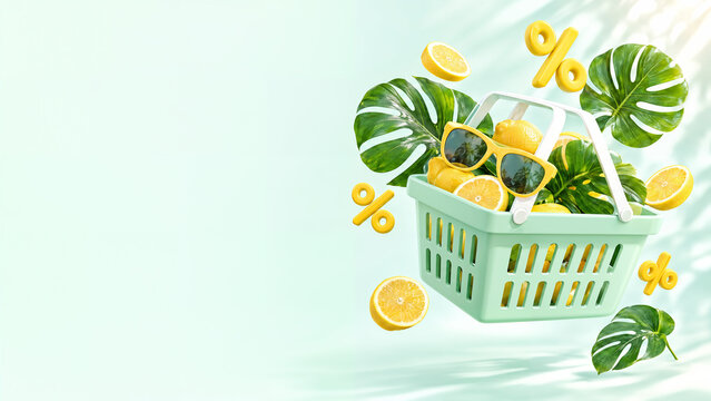 Fresh summer mega sale with shopping basket filled with lemons and leaves