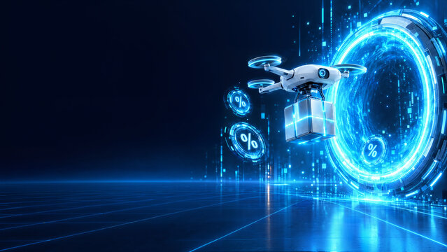 Futuristic sci-fi cyber mega sale with holographic portal and delivery drone