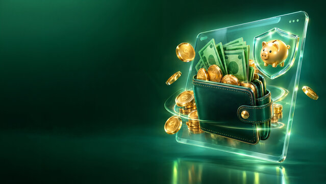 Fintech mobile e-wallet promotion featuring banknotes, gold coins and a glass tablet for savings and cashback
