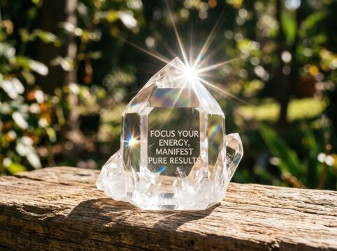 Crystal with Manifestation Message Bathed in Sunlight