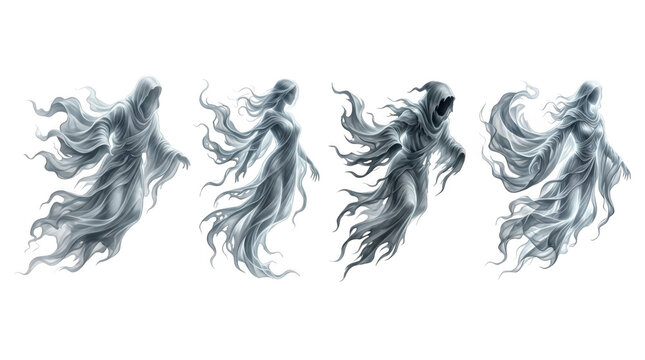 Set of four ethereal ghosts with flowing robes isolated on transparent background