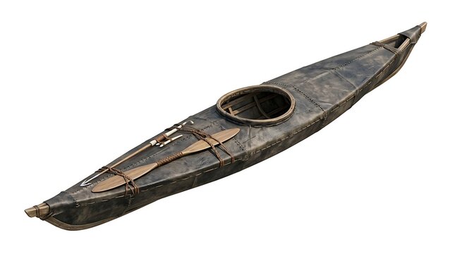 A vintage style wooden and leather Inuit kayak with a paddle and harpoon isolated on white background