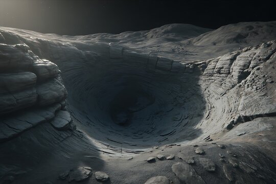 Desolate lunar crater landscape on a rocky alien planet surface