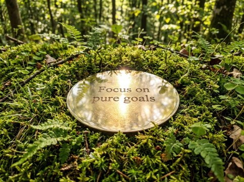 Brass Disc With 'Focus on Pure Goals' Inscription Amidst Forest Moss