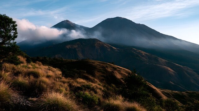 Sunlit volcanic peaks rise above rolling hills with wispy clouds drifting through the mountainous terrain
