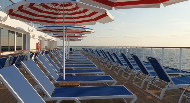 Empty luxury cruise ship deck with lined blue lounge chairs and red-and-white striped umbrellas