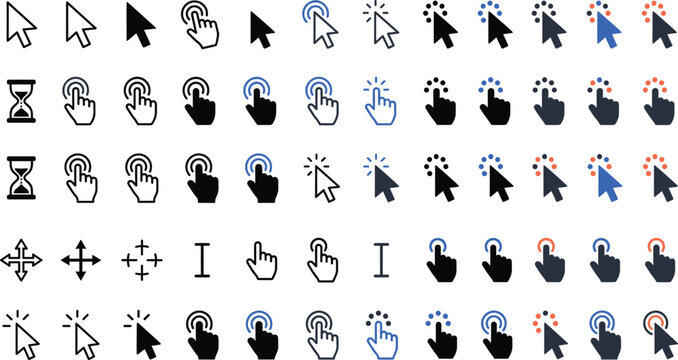 Cursor and hand pointer icon set featuring mouse clicks, touch gestures, selection arrows, drag controls, loading symbols and interface interactions