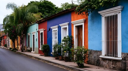 Fototapeta premium A row of brightly painted houses with white trim and potted plants along a quiet street lined with palm trees