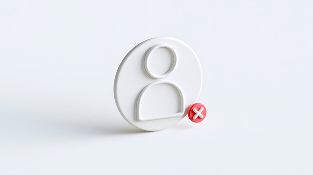 3D white profile user account icon with red delete cross symbol isolated on clean background. Minimalist design for profile deletion concept