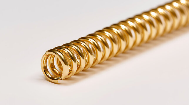 A shiny golden metal coil spring isolated on clean white background studio shot representing mechanical engineering and industrial design parts
