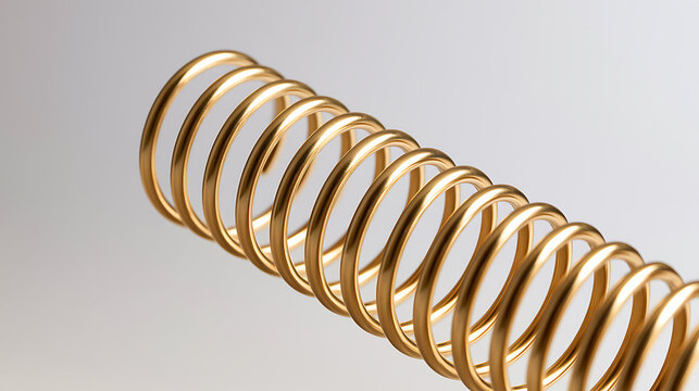 Close-up studio shot of a shiny golden metal coil spring isolated on a clean light gray background, highlighting industrial design