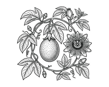 Grenadilla botanical ink illustration, passion fruit vine, flower, leaves