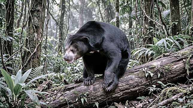 Sun Bear climbs over moss-covered log in dense tropical rainforest.