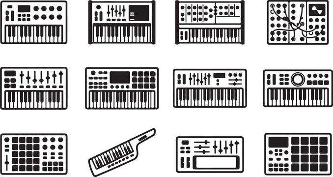 Set of black vector synthesizer and electronic music keyboard icons featuring audio equipment and controllers