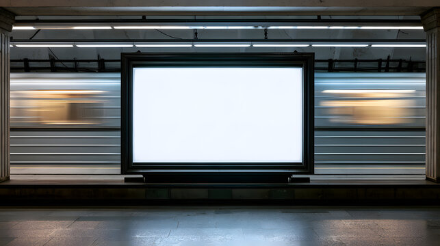 A sizable, empty, vinyl advertising sign with a dark border is positioned in the subway station's depths. The scene features a silver subway train parked against a backdrop, suitable for an outdoor ad