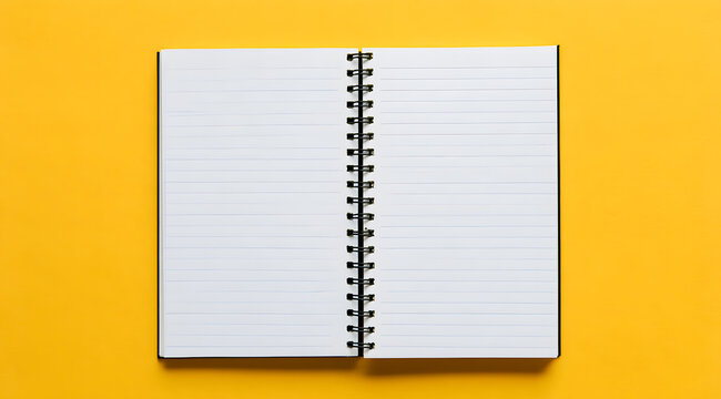 A spiral notebook with blank ruled pages, resting on a bright yellow background, features a simple, clean layout suitable for notes, planning, or jotting down ideas.