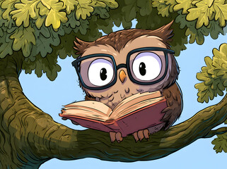 Fototapeta premium Wise cartoon owl wearing glasses reads a book while perched on an oak tree branch.